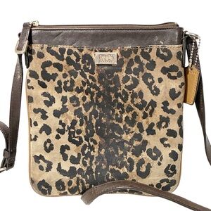 Coach Brown Leopard Print Nylon Slim North South Crossbody Swing Handbag Purse